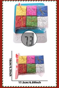 Detailed view showing dimensions and weight of 6-piece colorful Christmas gift box ornaments