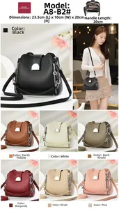 Close-up showing seven colors of the litchi pattern bucket bag with metal buckle details