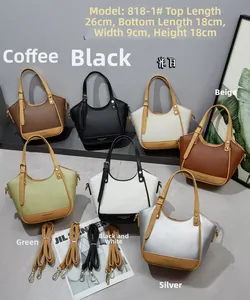 Detailed view showing dimensions and various color options for the leather crossbody bag