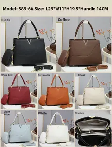 Vues détaillées du sac cabas en cuir grainé avec logo V, dimensions et plusieurs couleurs