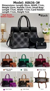 Detailed size specifications for 3-piece plaid handbag set with inner pouch and card holder