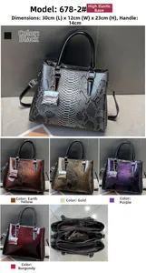 Detailed views of faux leather snake embossed handbag showing 30x12x23cm size and colors