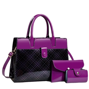 Three-piece purple patent leather handbag set featuring chic plaid stitching design
