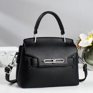 Elegant black lychee grain leather tote bag with silver twist lock and adjustable strap