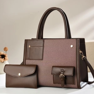 Two-piece contrast tote bag set in brown leather and twill fabric for women