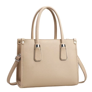 Minimalist beige leather shoulder bag with large capacity and silver metal hardware details