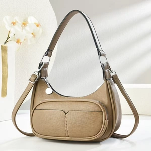 Minimalist khaki litchi leather half-moon underarm bag with adjustable shoulder strap