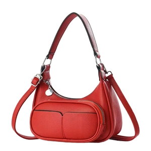Red lychee grain leather crescent shoulder bag with front zipper pocket and adjustable strap