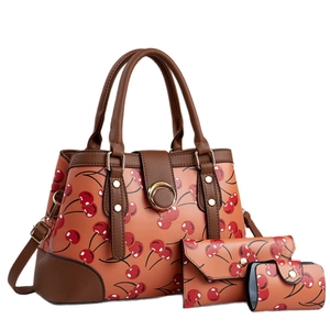 Ensemble 3 pièces de sacs orange à motif cerise, avec grand cabas et pochette en cuir PU