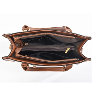 Interior view of brown leather handbag featuring dual compartments and zip divider