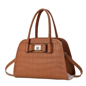 Brown crocodile embossed tote bag with elegant bow detail and silver metal buckle
