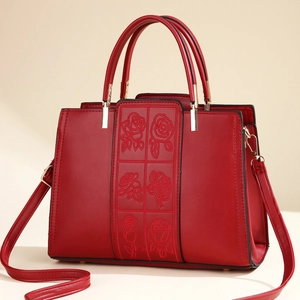 Women Handbag Rose Embroidery PU Leather Tote Bag With Detachable Shoulder Strap Elegant Structured Crossbody Bag