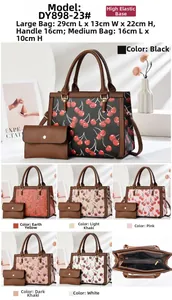 Detailed size chart for cherry print tote bag and matching purse in six colors