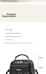 Detailansicht der schwarzen PU-Ledertasche mit Logo-Branding und präzisen Maßangaben