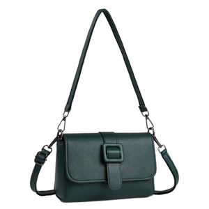 Dark green pebbled leather crossbody bag with square buckle and adjustable strap