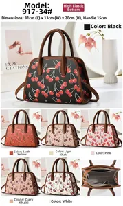 Detailed view of cherry print tote bag with dimensions 31x13x20cm and six colors