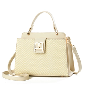 Chic beige crossbody square bag with herringbone weave texture and golden B-buckle detail