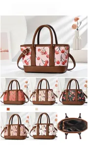 Detailed size specifications and multiple color options for the cherry print tote bag