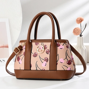 Vintage retro cherry print tote bag for women with brown handles and shoulder strap