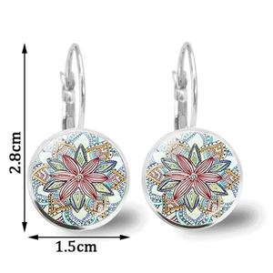 Silver leverback earrings with 1.5cm mandala glass dome and colorful floral patterns