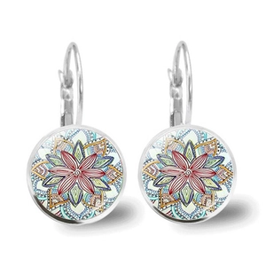 Mandala Leverback Drop Earrings Vintage Bohemian Glass Cabochon Alloy Ethnic Jewelry For Women Geometric Floral Pattern