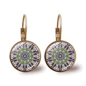 Detailed view of vintage bronze leverback earrings featuring colorful mandala glass cabochons