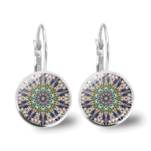 Detail of mandala glass dome earrings with colorful geometric patterns and silver hooks