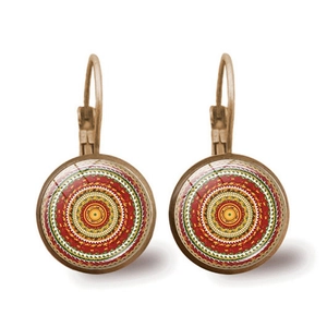Detailed close-up of retro mandala pattern leverback earrings on white background
