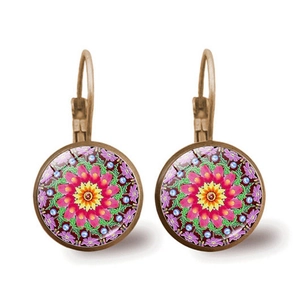 Detail of bohemian mandala drop earrings featuring bronze finish and vibrant floral patterns
