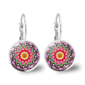 Detail of silver drop earrings featuring colorful mandala glass dome and alloy hooks