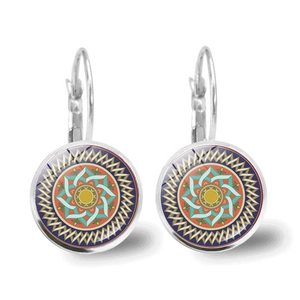 Mandala glass cabochon drop earrings with vintage bohemian lotus pattern for women