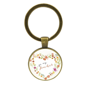Detailed view of bronze teacher gift keychain with colorful floral heart design