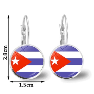 Silver hook earrings with Cuba flag pattern glass cabochon pendants 2.8cm in height