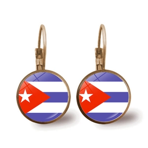 Detail of lever-back earrings featuring Cuban flag glass dome in vintage bronze metal frame