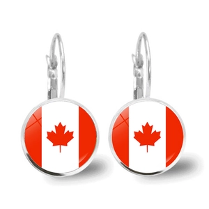 Canadian flag drop earrings featuring a silver metal lever-back design and glass dome