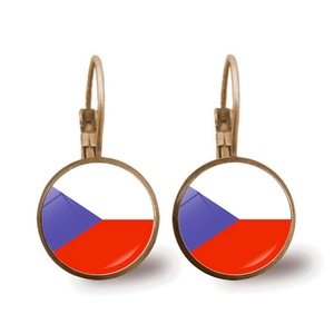 Detailed close-up of Czech flag earrings with retro bronze leverback metal settings