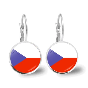 Detail view of Czech flag round glass gem hook earrings with vintage metal finish