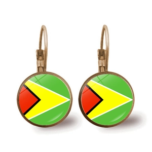 Macro view of bronze hook earrings featuring the Guyana flag design with a glass dome cover