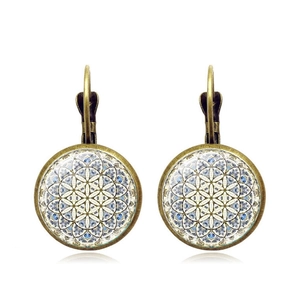 Retro bronze mandala drop earrings with colorful glass cabochons and leverback hooks