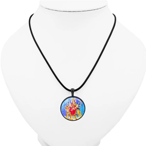 Hindu Goddess Durga glass pendant necklace with black cord on a white mannequin display