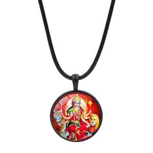 Hindu God Goddess Pendant Necklace Vintage Alloy Glass Cabochon Time Gem Black Wax Cord Religious Ethnic Jewelry Unisex