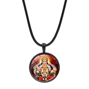 Hindu God Hanuman pendant necklace with a round glass gem on a black leather cord