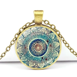 Vintage Mandala Blume Zeit Edelstein Anhänger Halskette Antik Bronze Zinklegierung Glas Cabochon Geometrischer Schmuck Für Herren Damen
