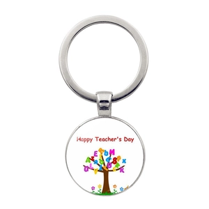 Detail of silver alloy keychain with colorful letter tree and Happy Teacher's Day text