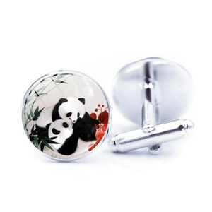 French cufflinks featuring cute ink wash panda and bamboo under glass dome on silver metal