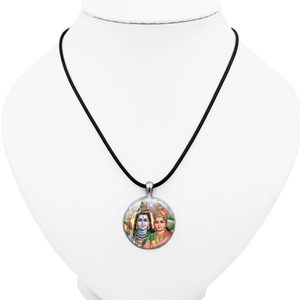 Vishnu Time Gem necklace with silver alloy pendant and black rope on neck model