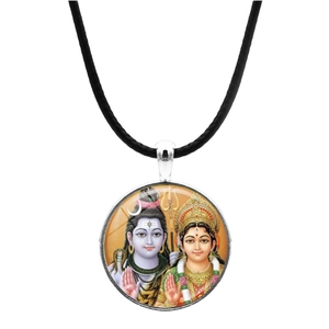 Macro shot of Shiva and Parvati art pendant necklace with black braided cord