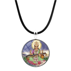 Detail view of Saraswati goddess pendant with glass dome and black cord necklace