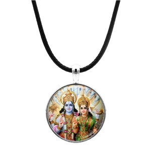Hindu Vishnu and Lakshmi glass pendant necklace with a black cord on a white background