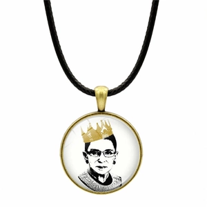 Vintage Ruth Bader Ginsburg portrait pendant necklace with bronze frame on black cord